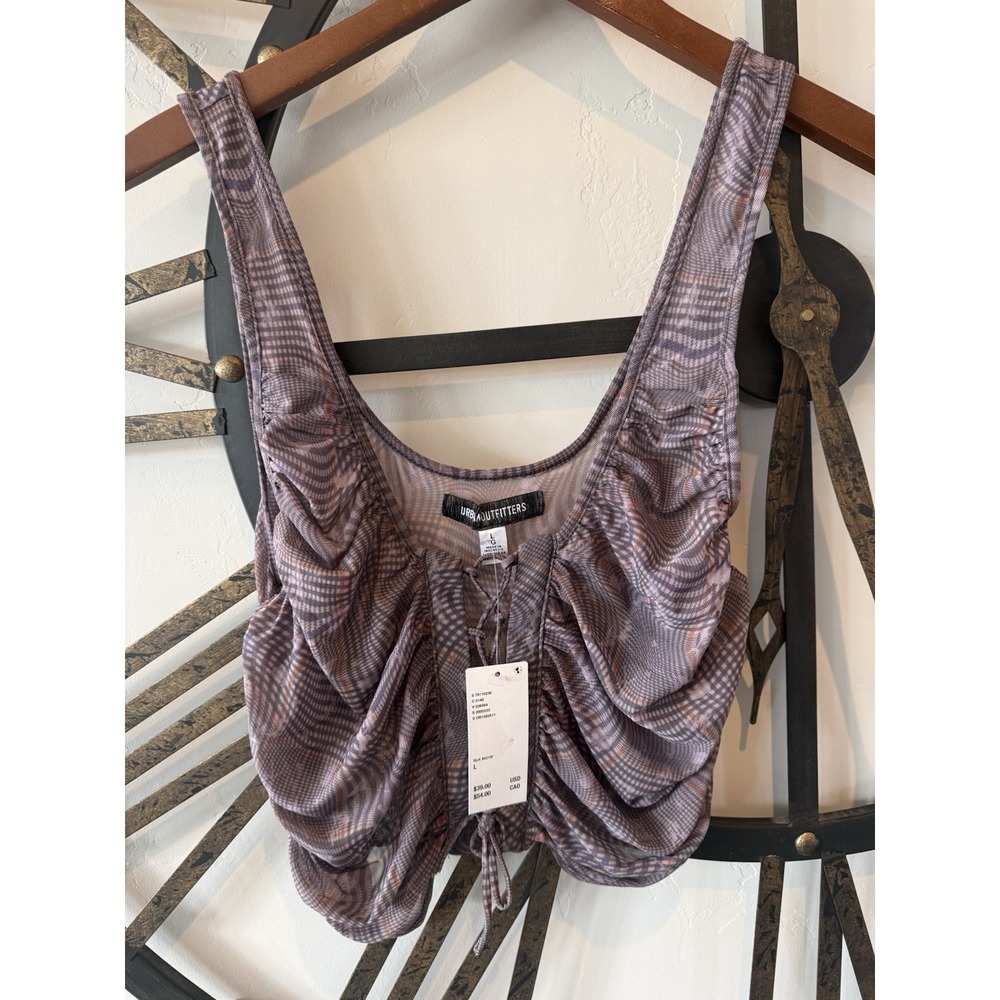 Urban Outfitters Mesh Ruched Drawstring Cropped Tank Top Purple Scoop Neck L
